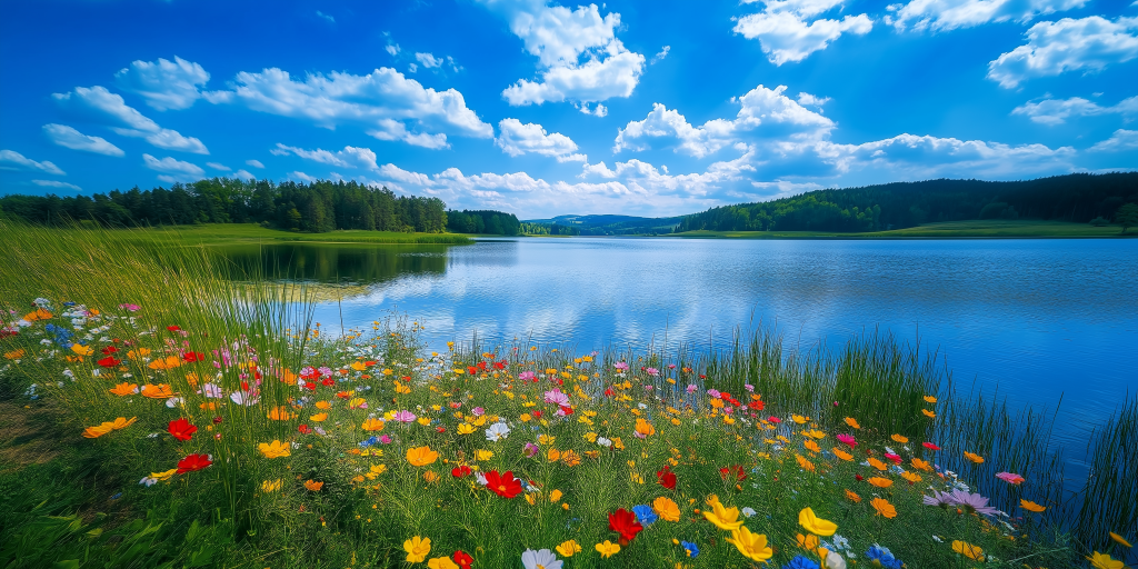 Peaceful lake surrounded by a field of colorful flowers beneath a blue sky with fluffy white clouds