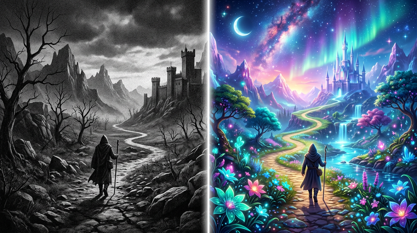 A traveler with a staff walking on a winding path beside a castle; dark and gloomy on one side, bright and colorful on the other