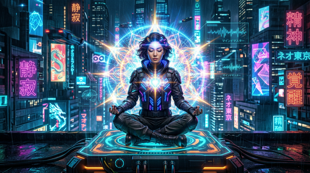 Woman meditating cross-legged on illuminated platform with neon city background and holographic symbols