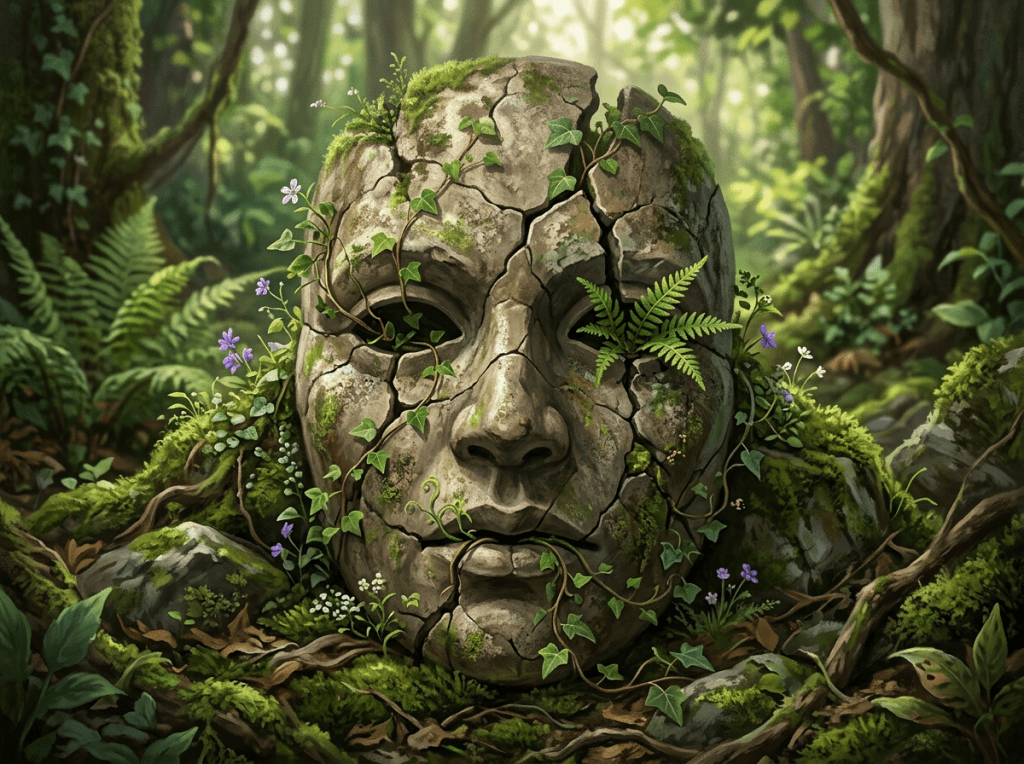 Cracked stone face with moss, ivy, and ferns in a green forest